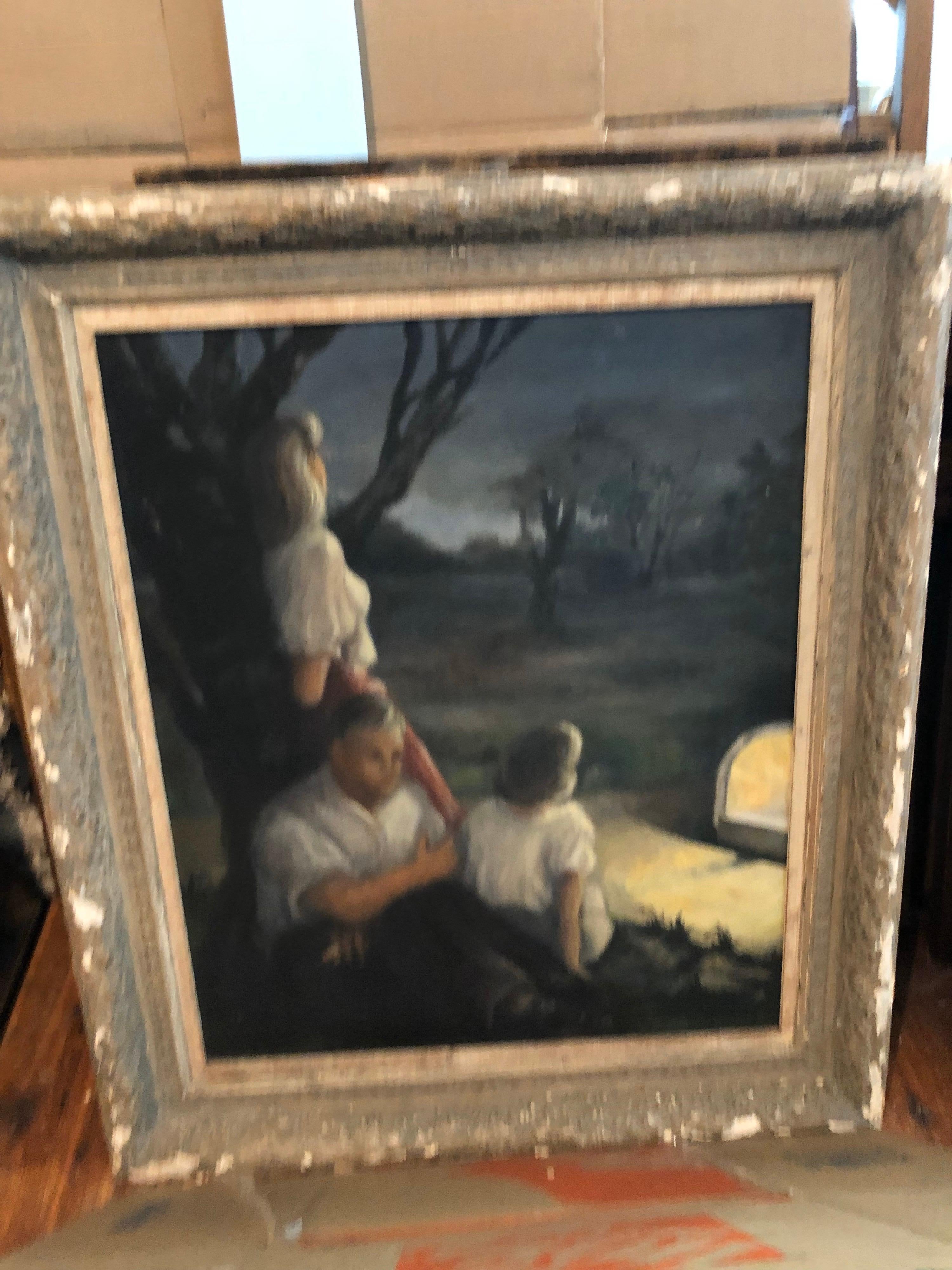 Very Large 1940's signed genre painting by A. DeDobanicis. Nice gray and blue tones make up this image of two men and a woman watching entertainment from an outdoor bandstand or ampitheatre..