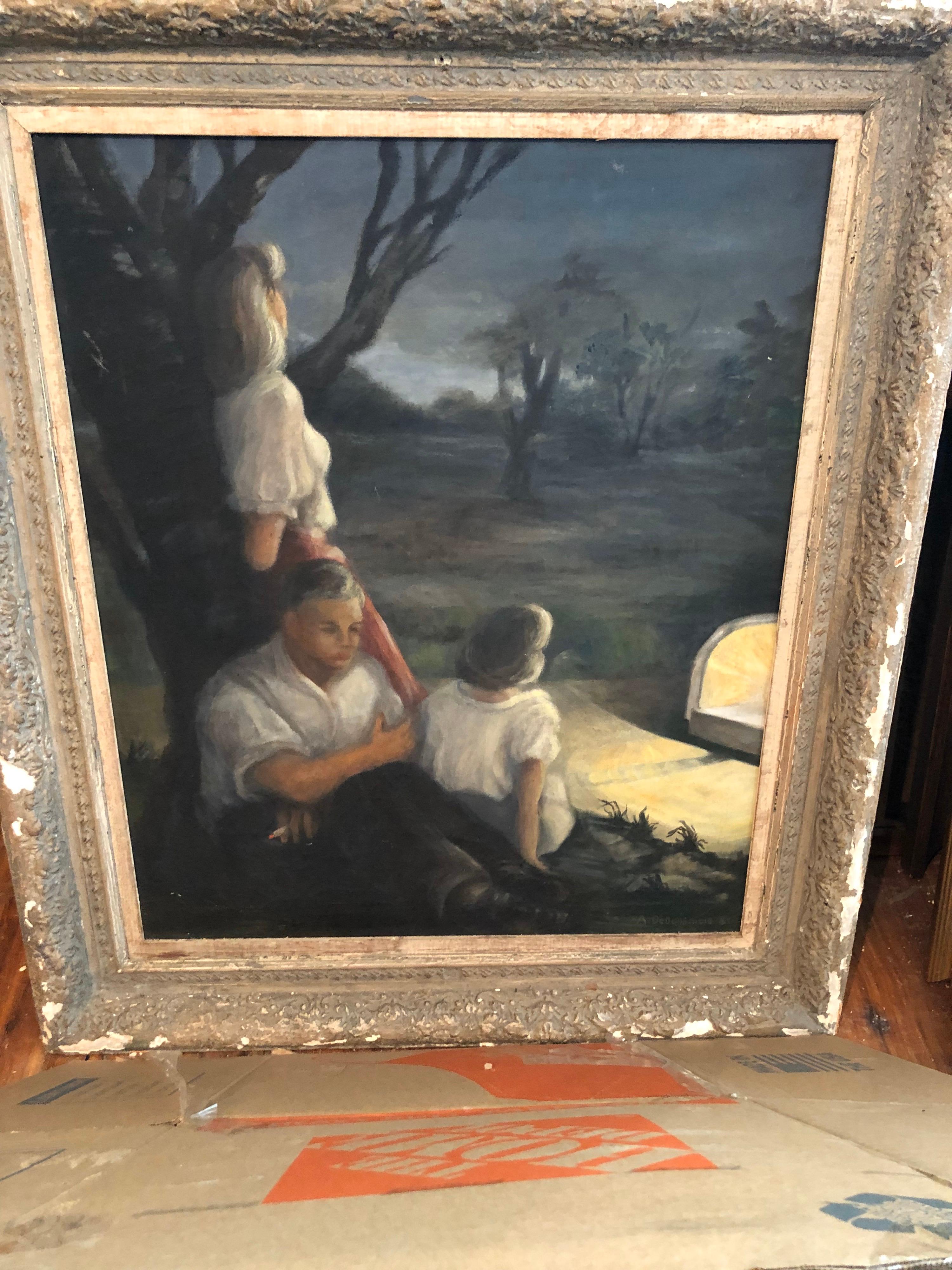 American Very Large 1940's Signed Genre Painting