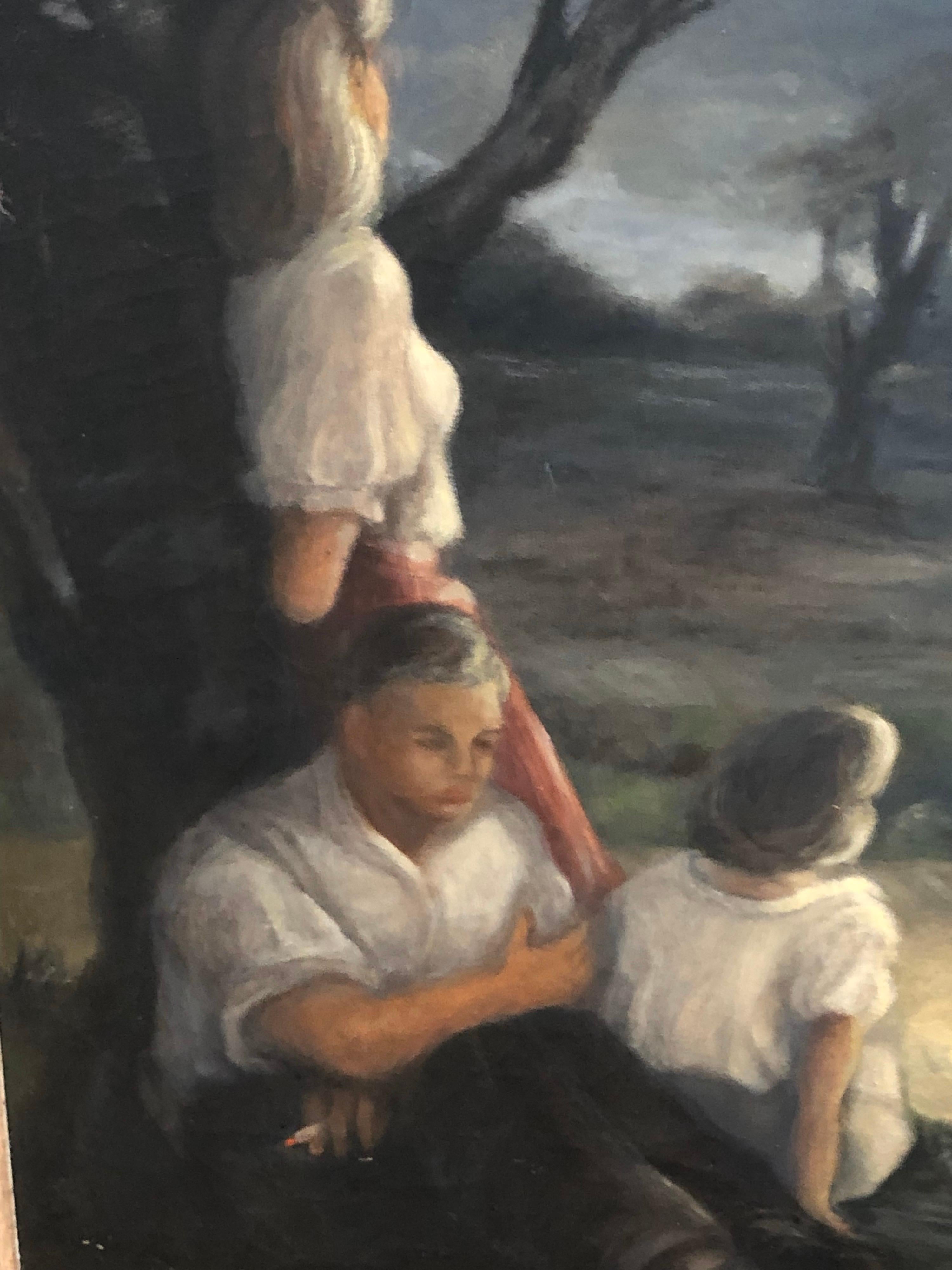 Hand-Painted Very Large 1940's Signed Genre Painting