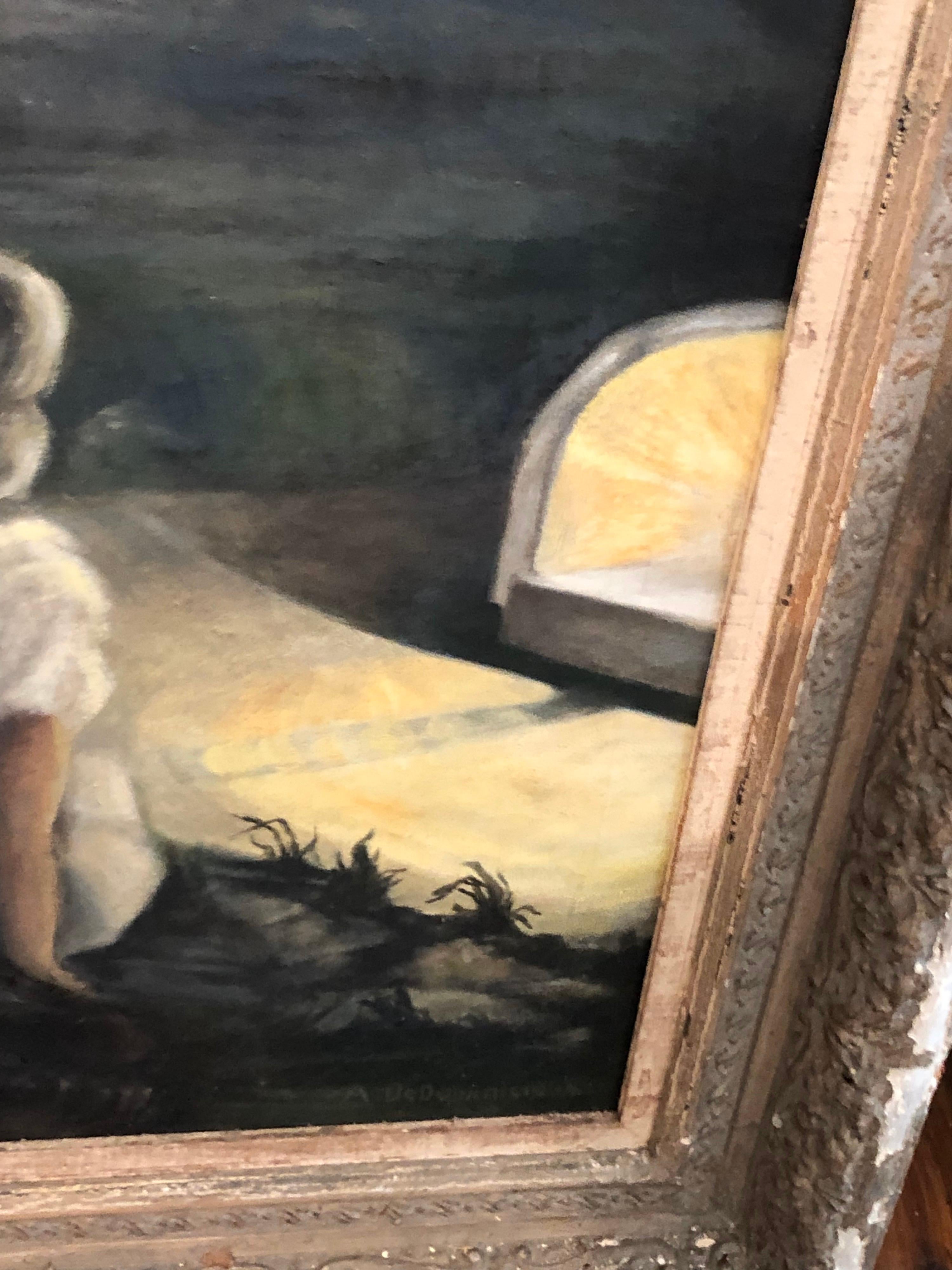 Very Large 1940's Signed Genre Painting In Good Condition In Redding, CT