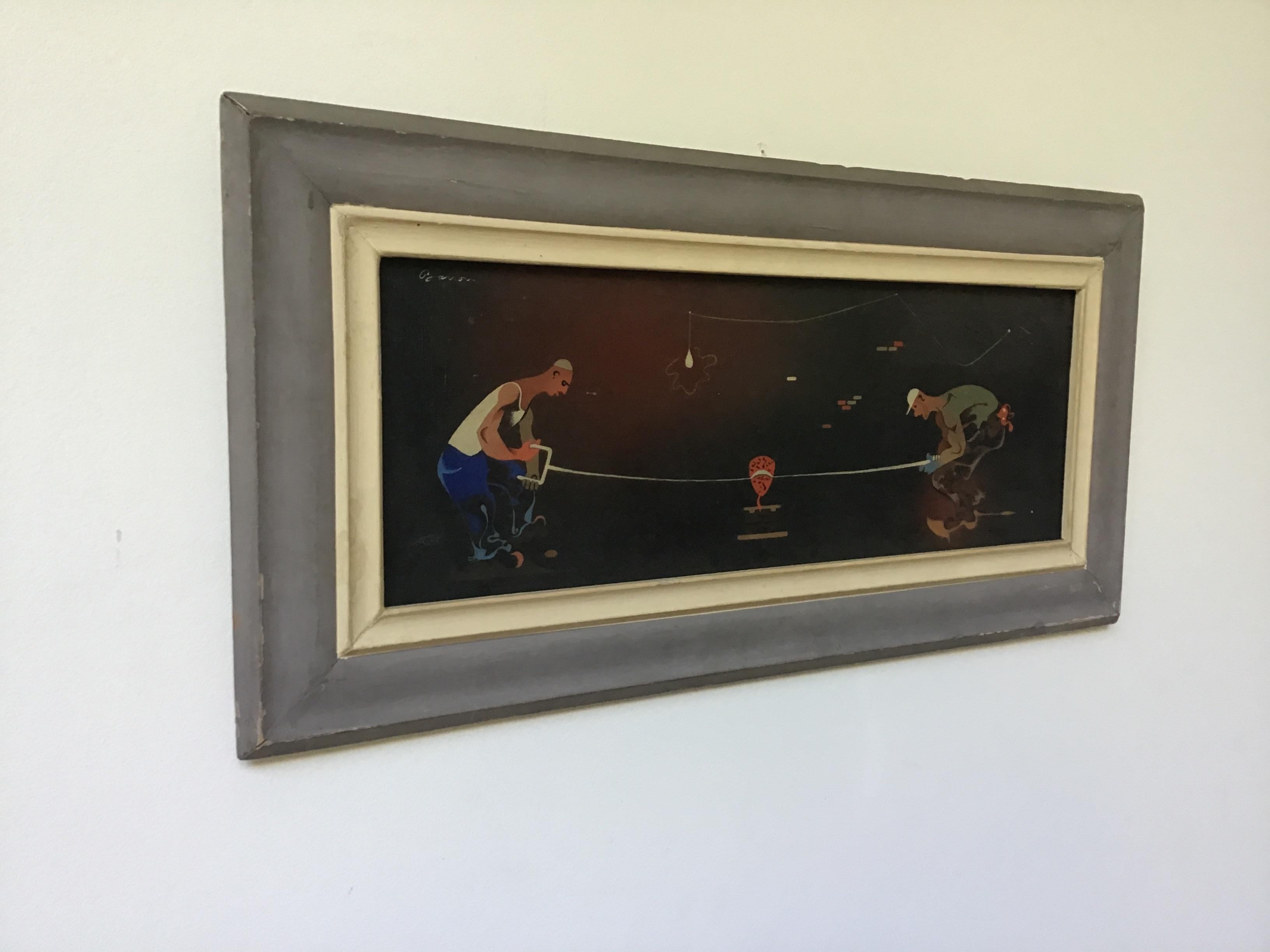 1940s oil on canvas of 2 workers sawing. Signed.