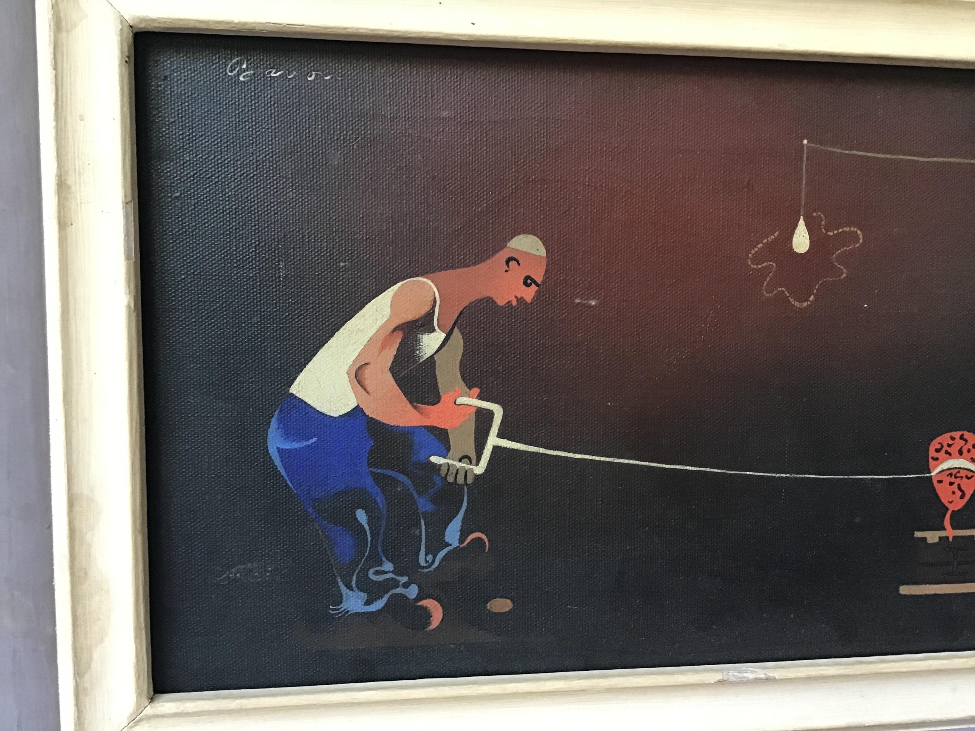 Mid-20th Century 1940s Signed Oil Painting of 2 Workers Sawing For Sale