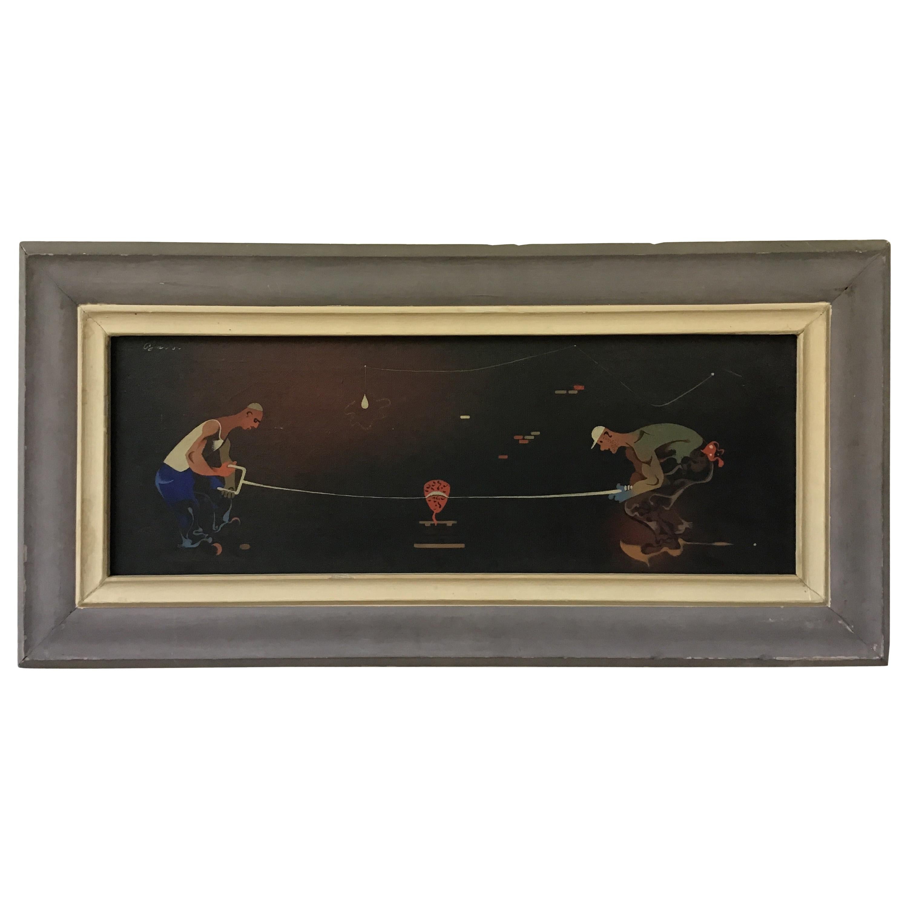 1940s Signed Oil Painting of 2 Workers Sawing