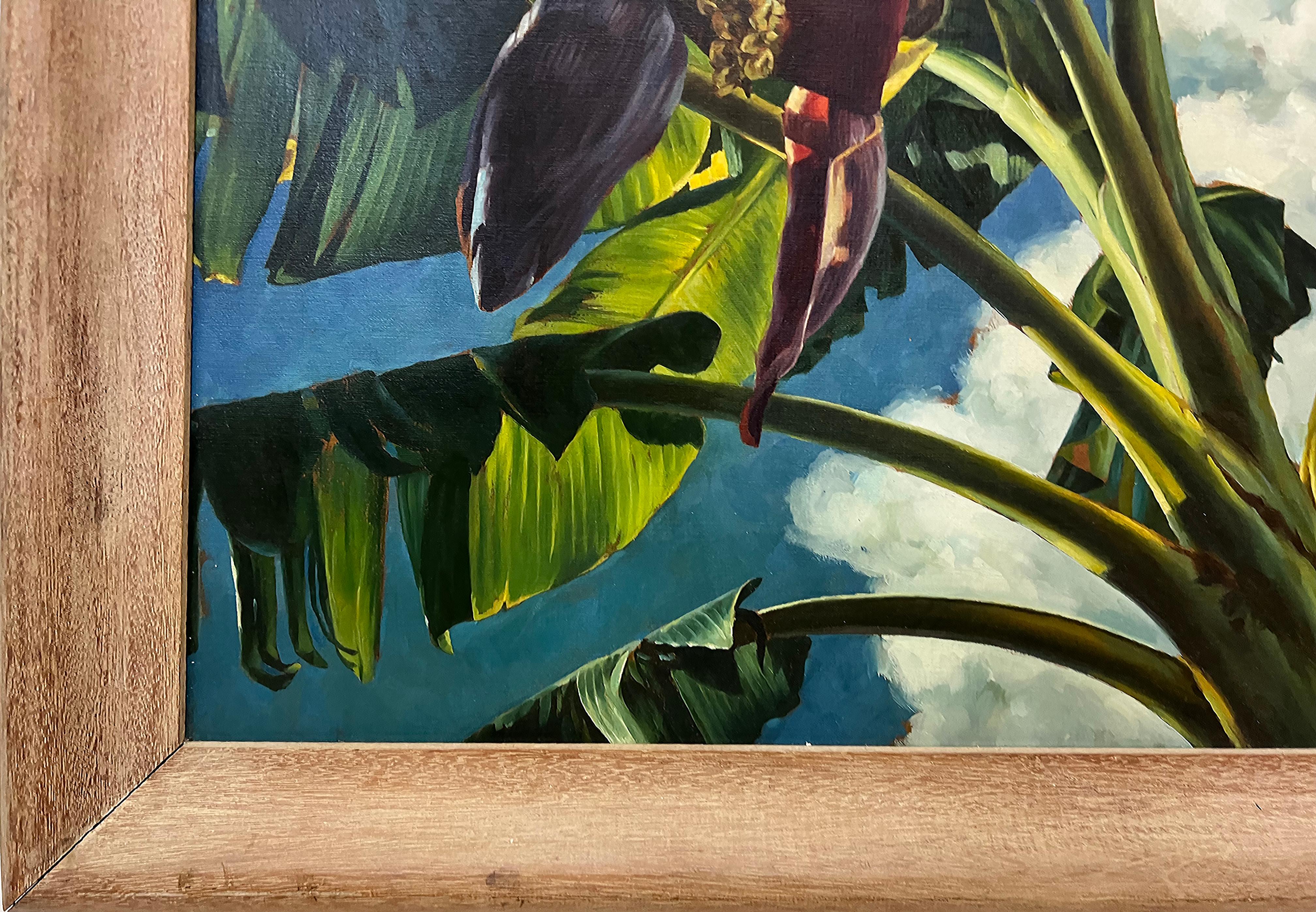 Peint à la main 1940s Signed Realist WPA Banana Flower Oil Painting (peinture à l'huile réaliste de la WPA) en vente