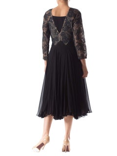 1940S Silk Chiffon & Fine Chantilly Lace Sleeved Cocktail Dress With Very Full