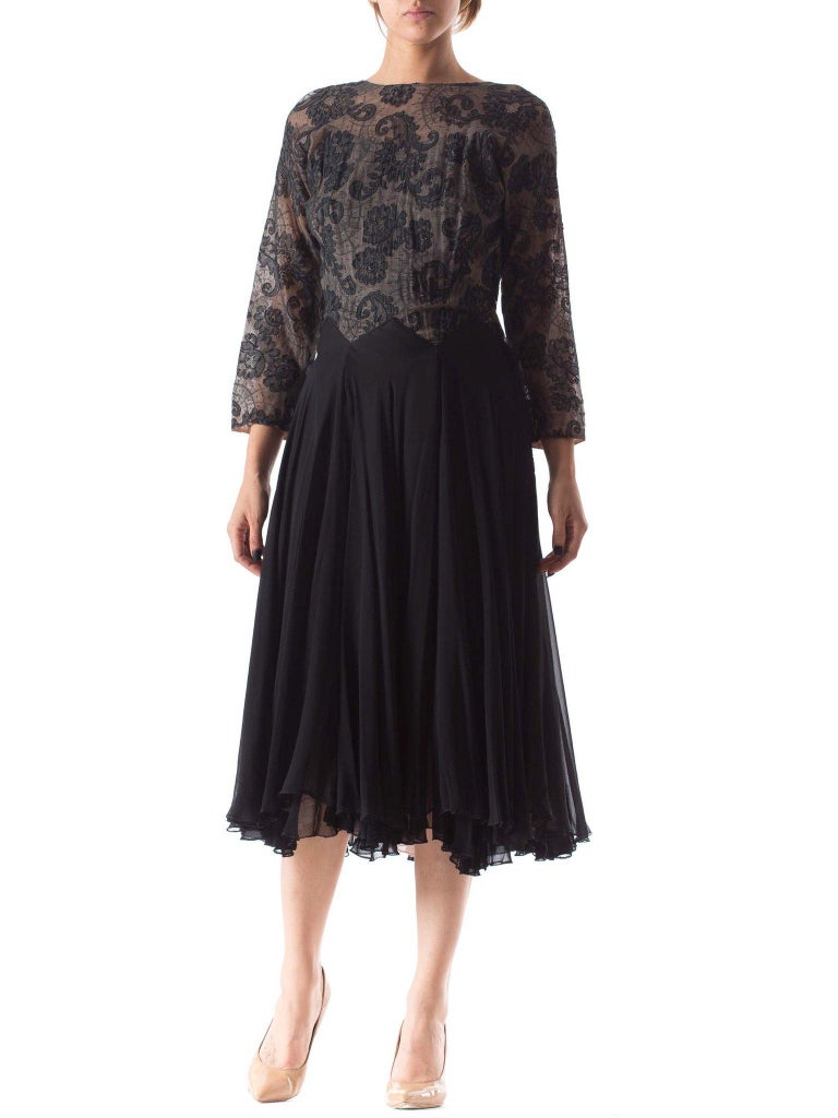 1940S Silk Chiffon and Fine Chantilly Lace Sleeved Cocktail Dress With ...