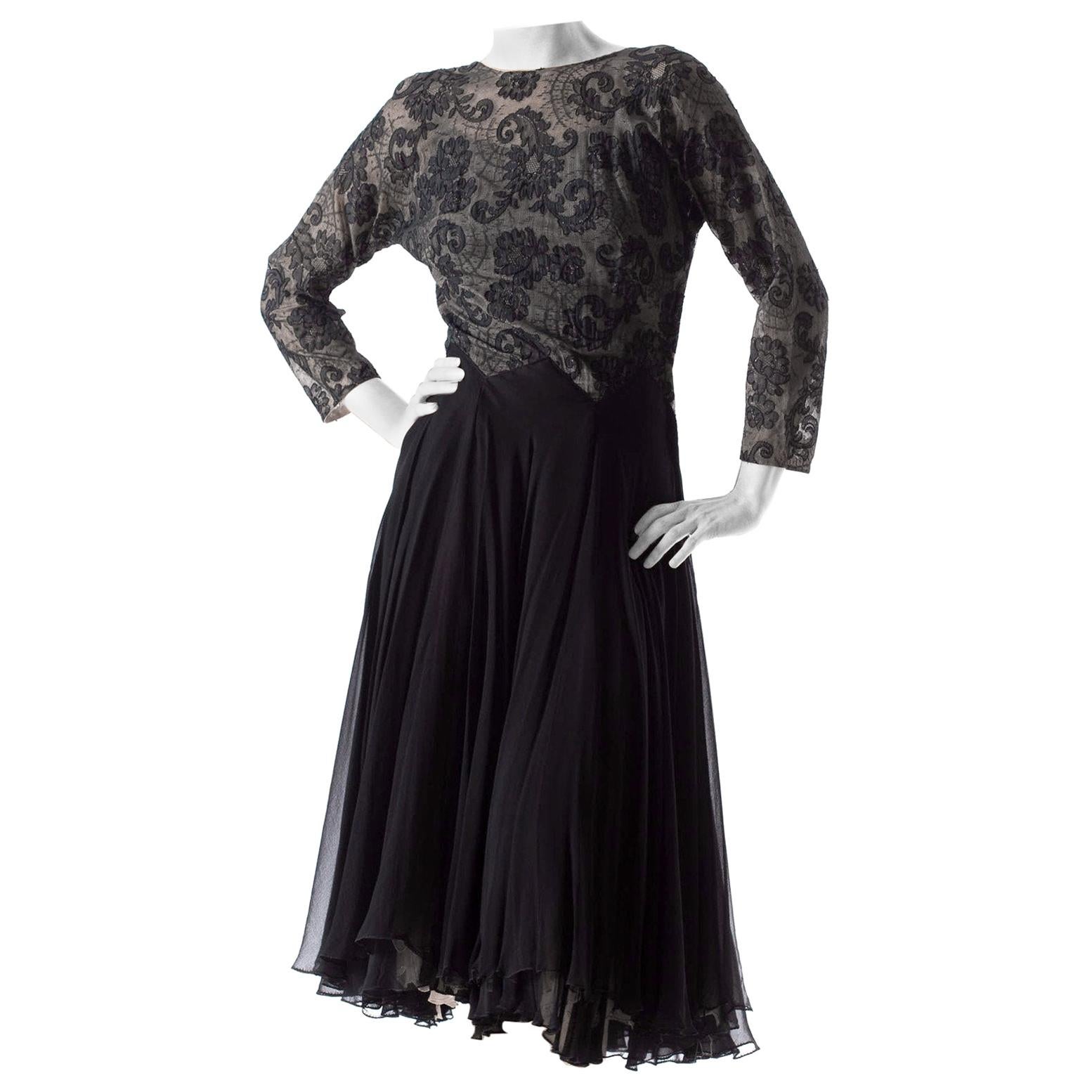 1940S Silk Chiffon & Fine Chantilly Lace Sleeved Cocktail Dress With Very Full  For Sale
