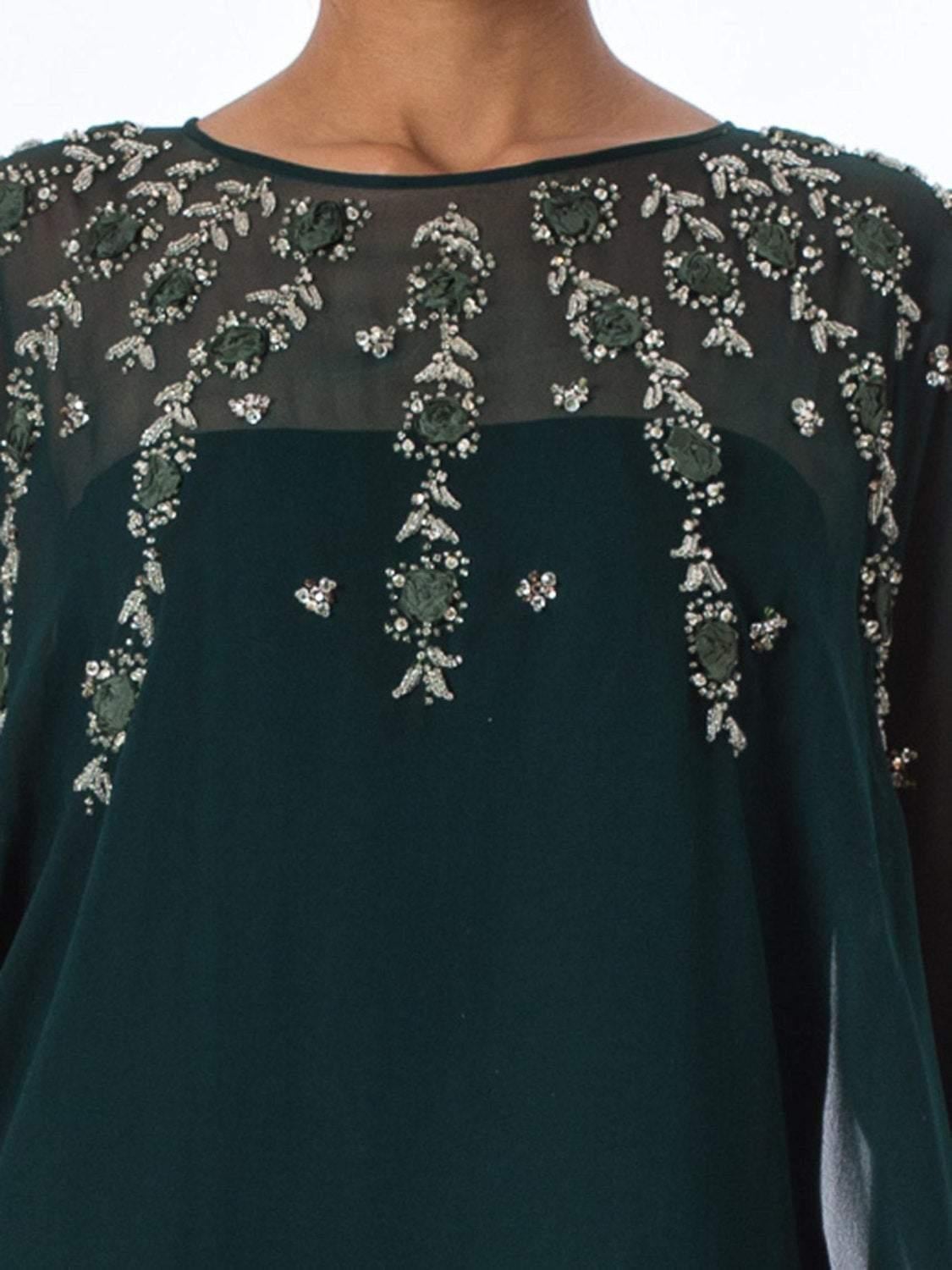 1970S Dark Green Silk Chiffon Cocktail Dress Beaded and Embellished ...