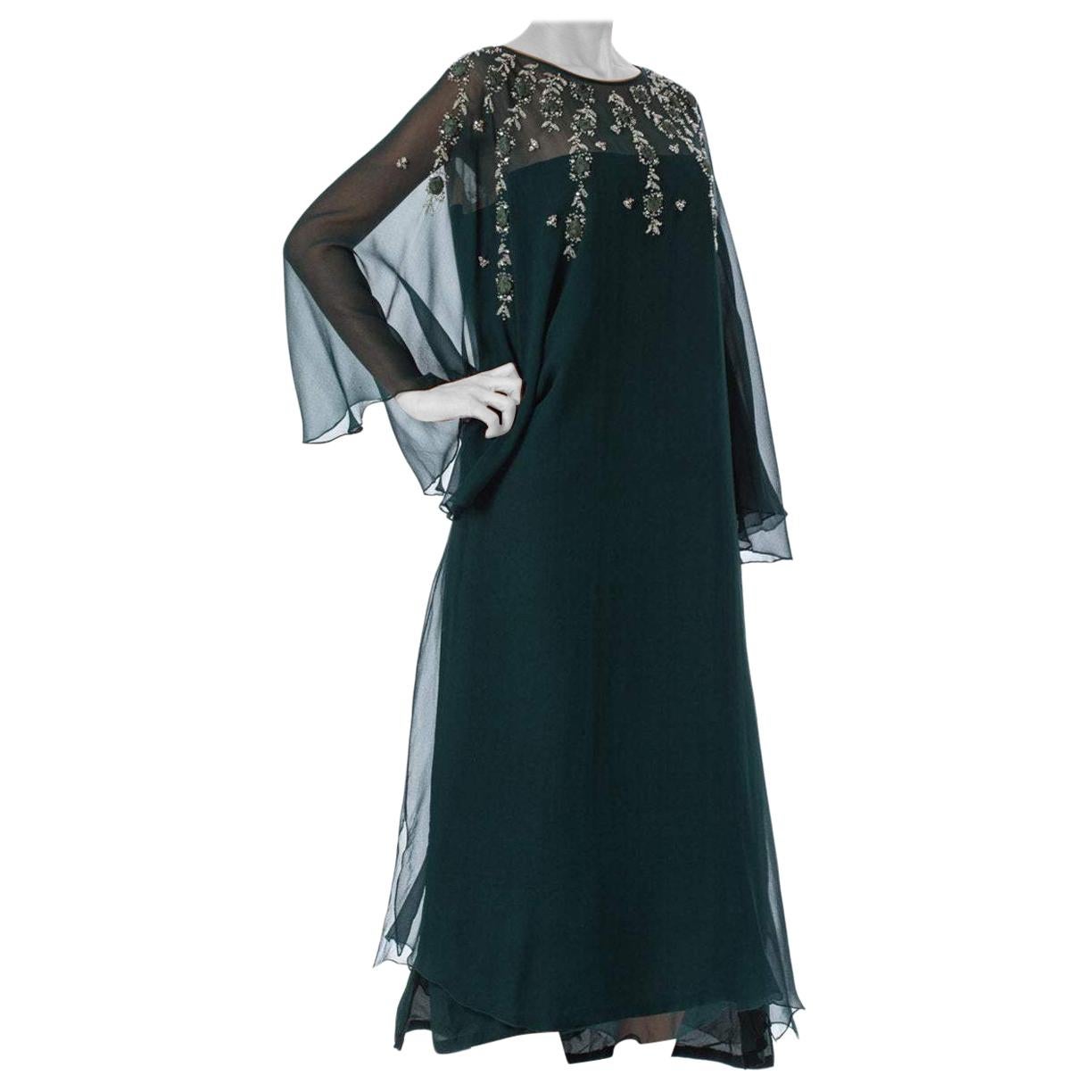 1970S Dark Green Silk Chiffon Cocktail Dress Beaded & Embellished With Rose App