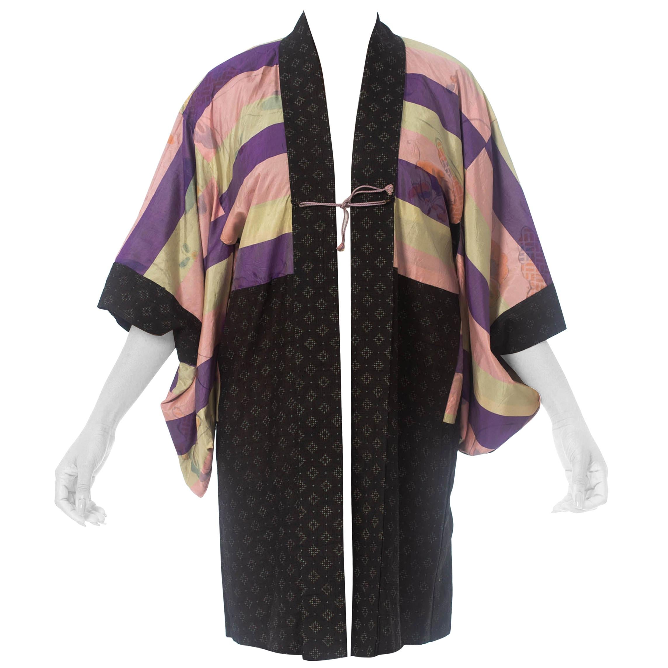 1940S Silk Japanese Kimono With Shadow Butterfly Ikat Lining