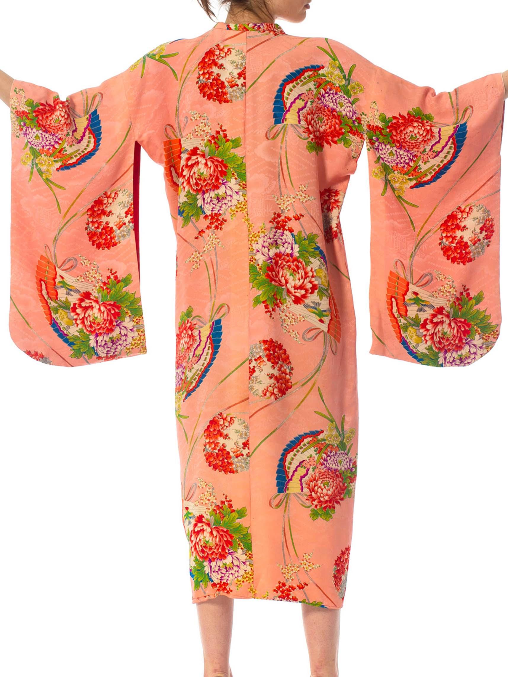 Orange 1940S Peach Floral Silk Jacquard Japanese Fan Print Kimono