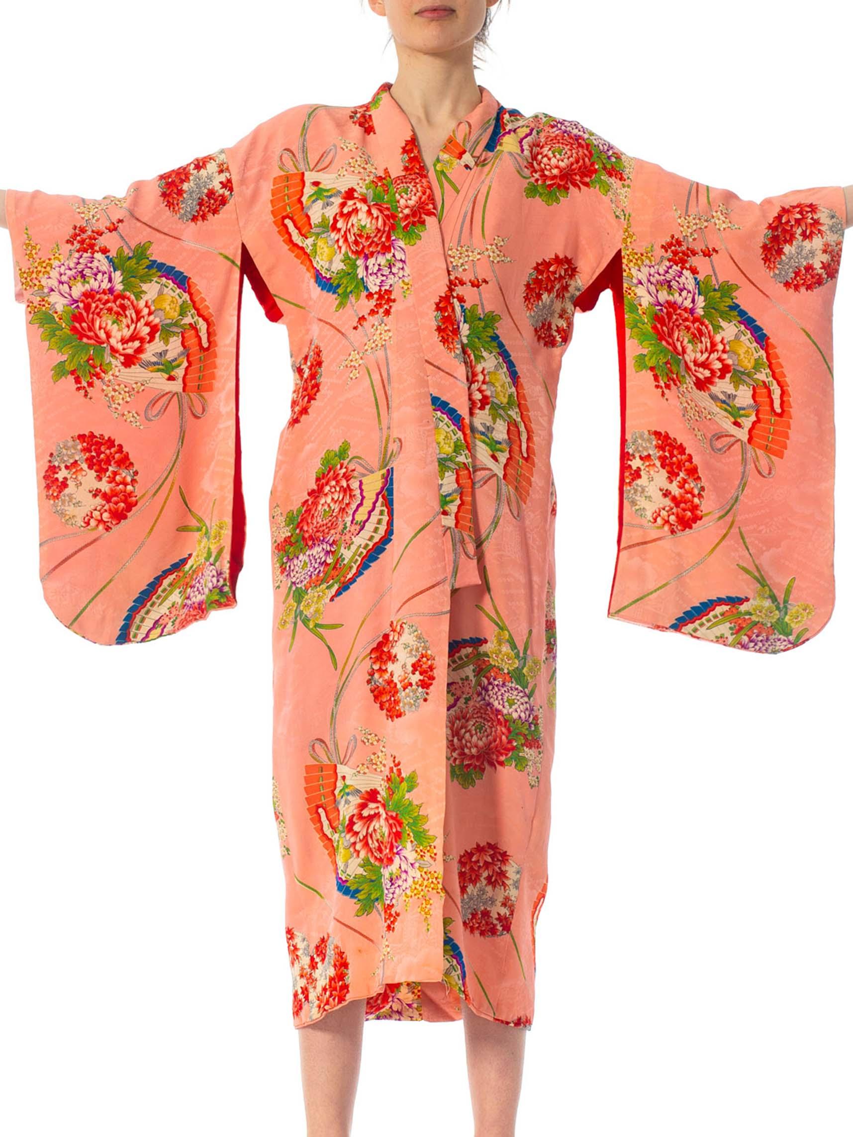 Women's 1940S Peach Floral Silk Jacquard Japanese Fan Print Kimono