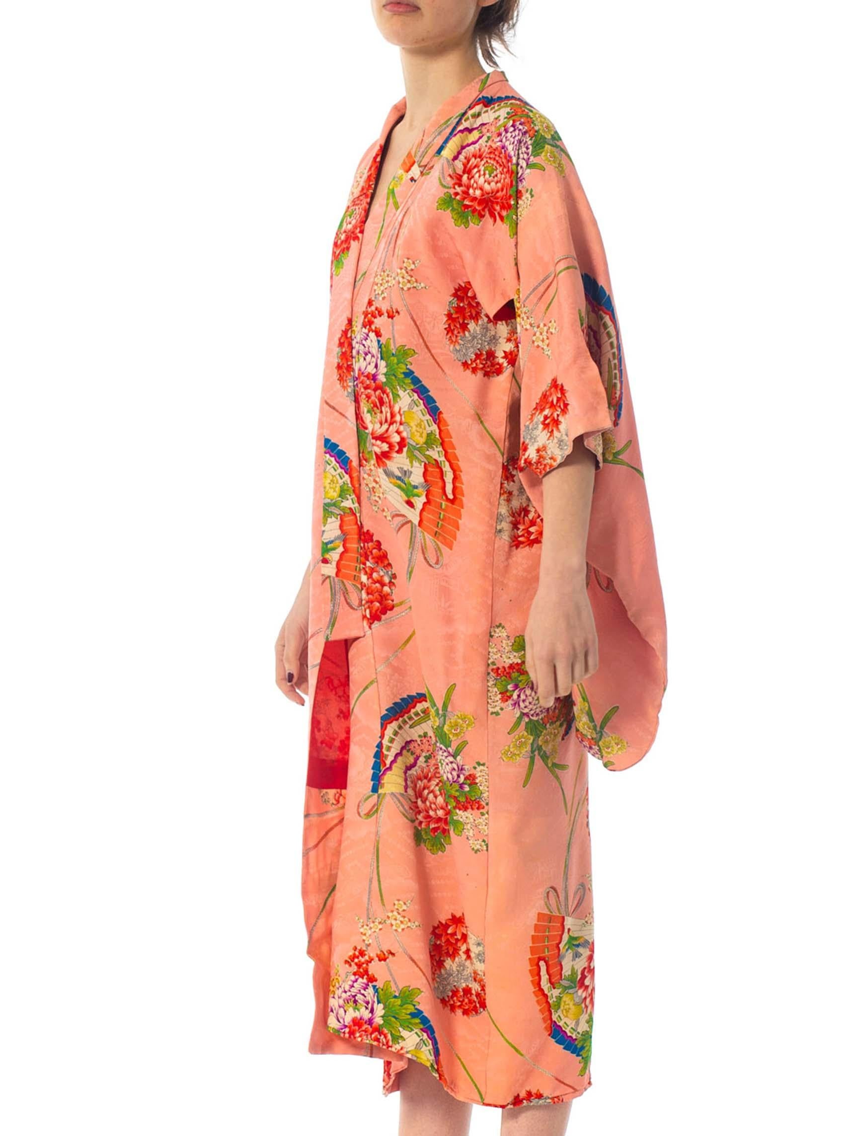 1940S Peach Floral Silk Jacquard Japanese Fan Print Kimono 1