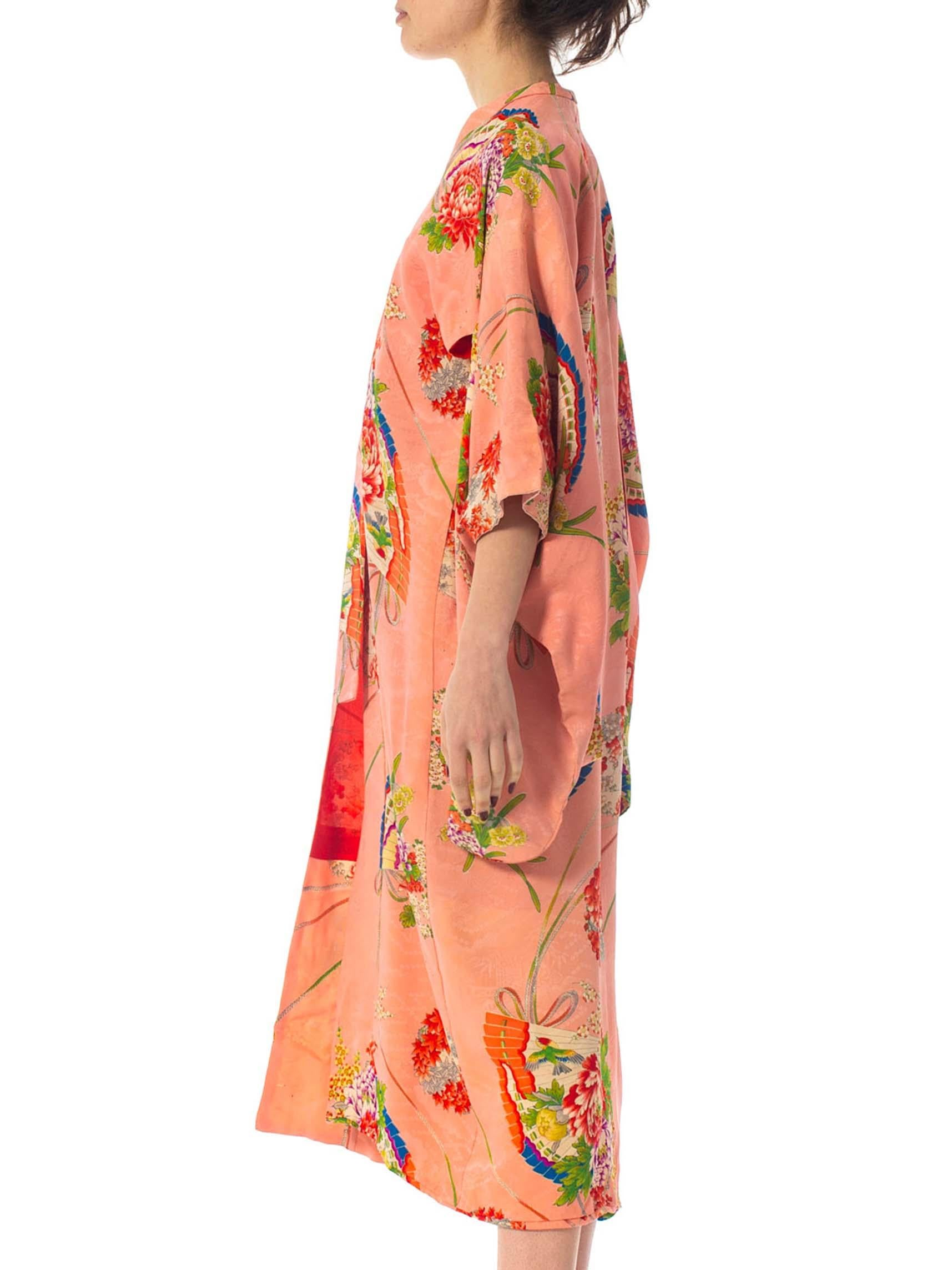 1940S Peach Floral Silk Jacquard Japanese Fan Print Kimono 2
