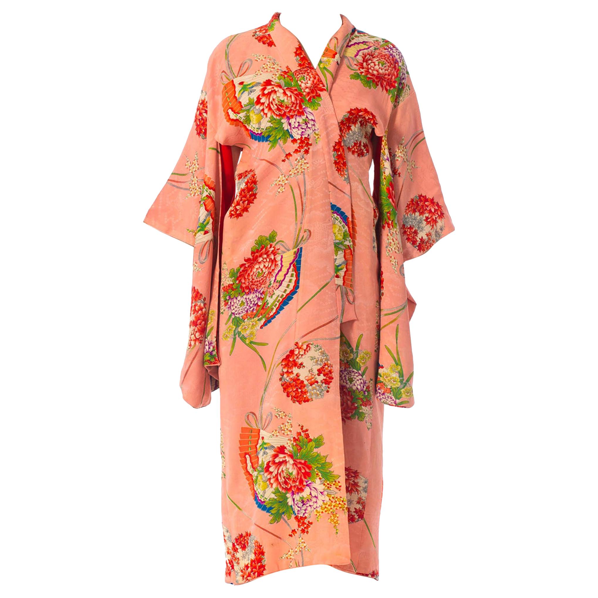 1940S Peach Floral Silk Jacquard Japanese Fan Print Kimono
