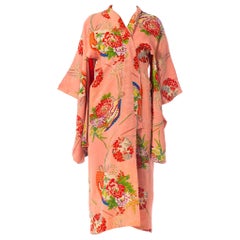 1940S Peach Floral Silk Jacquard Japanese Fan Print Kimono