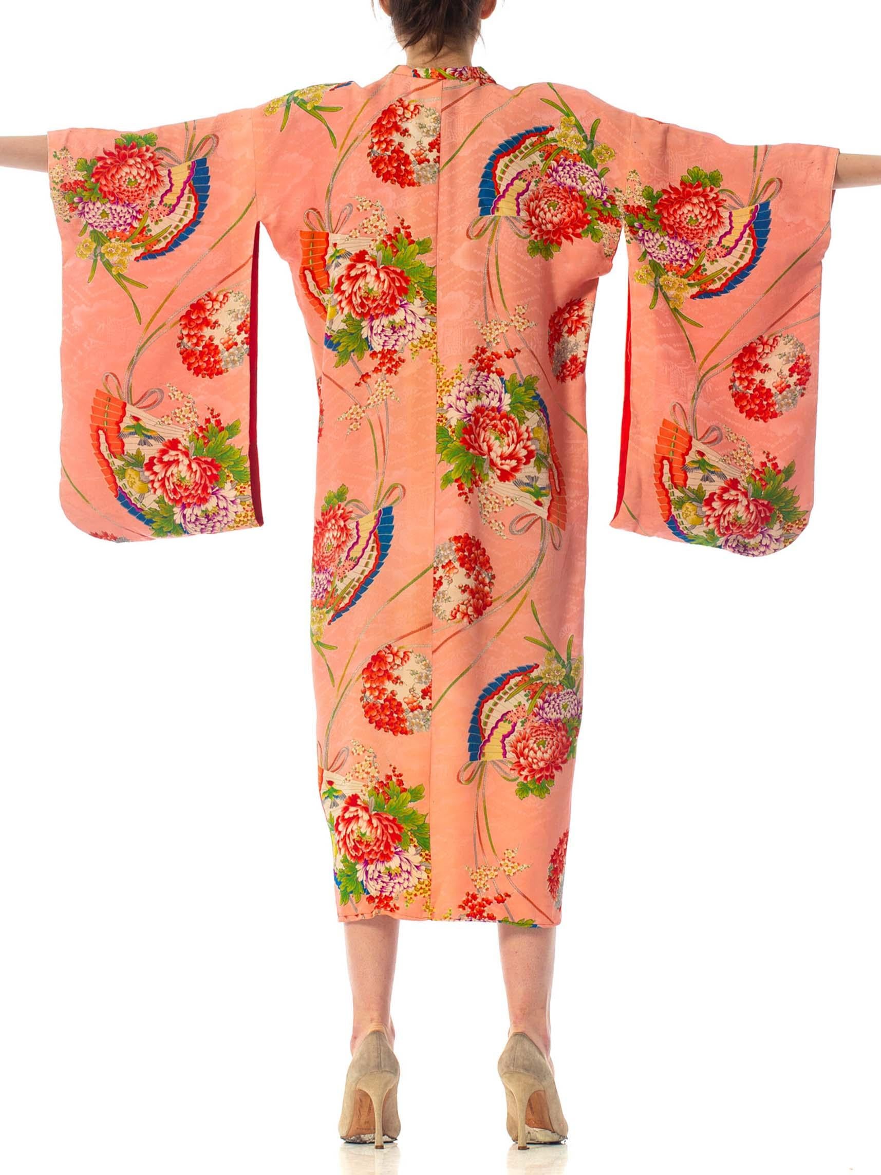 1940S Silk Jaquard Japanese Fan Print Kimono