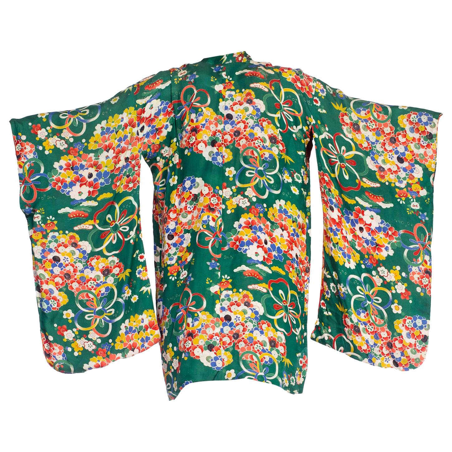 1930S Green Silk Floral & Ribbon Bouquet Print Short Kimono