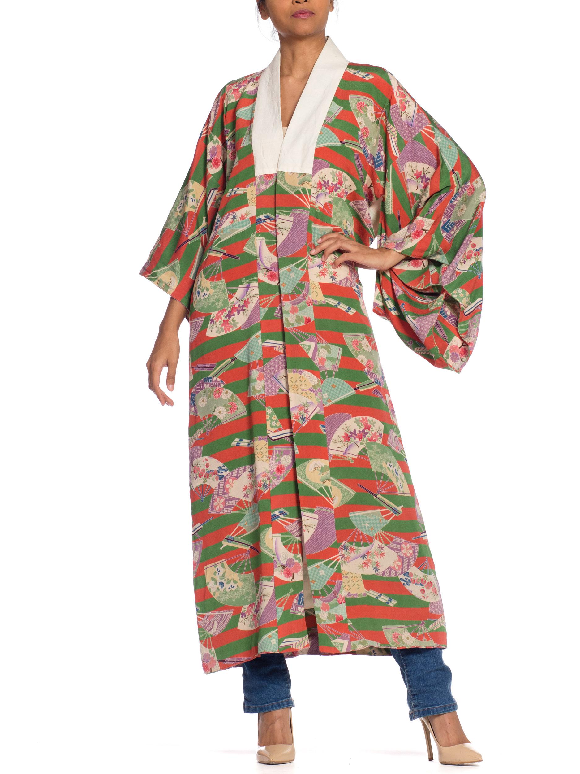 Brown 1940s Silk Kimono with Japanese Fans
