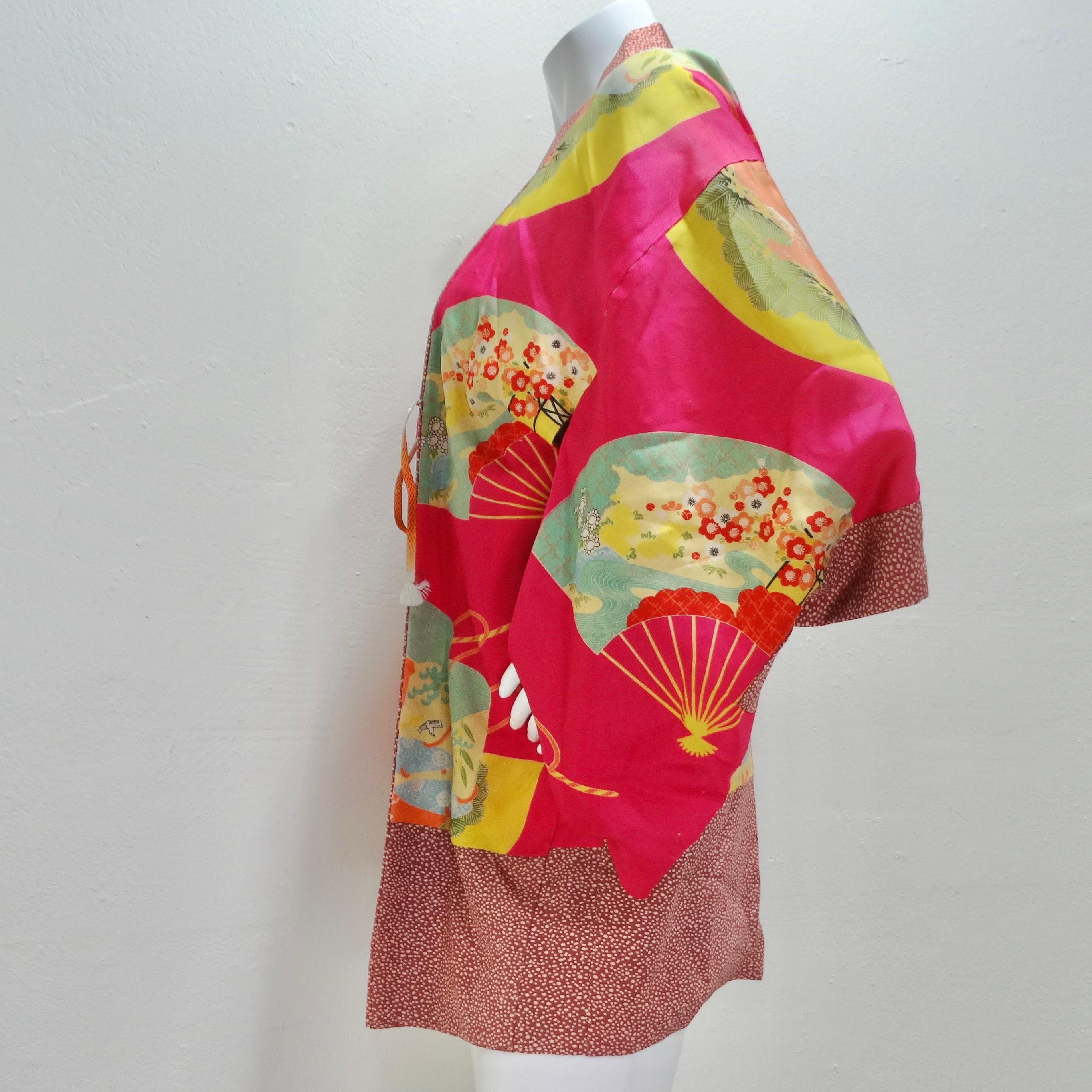1940s Silk Multicolor Printed Kimono For Sale 5