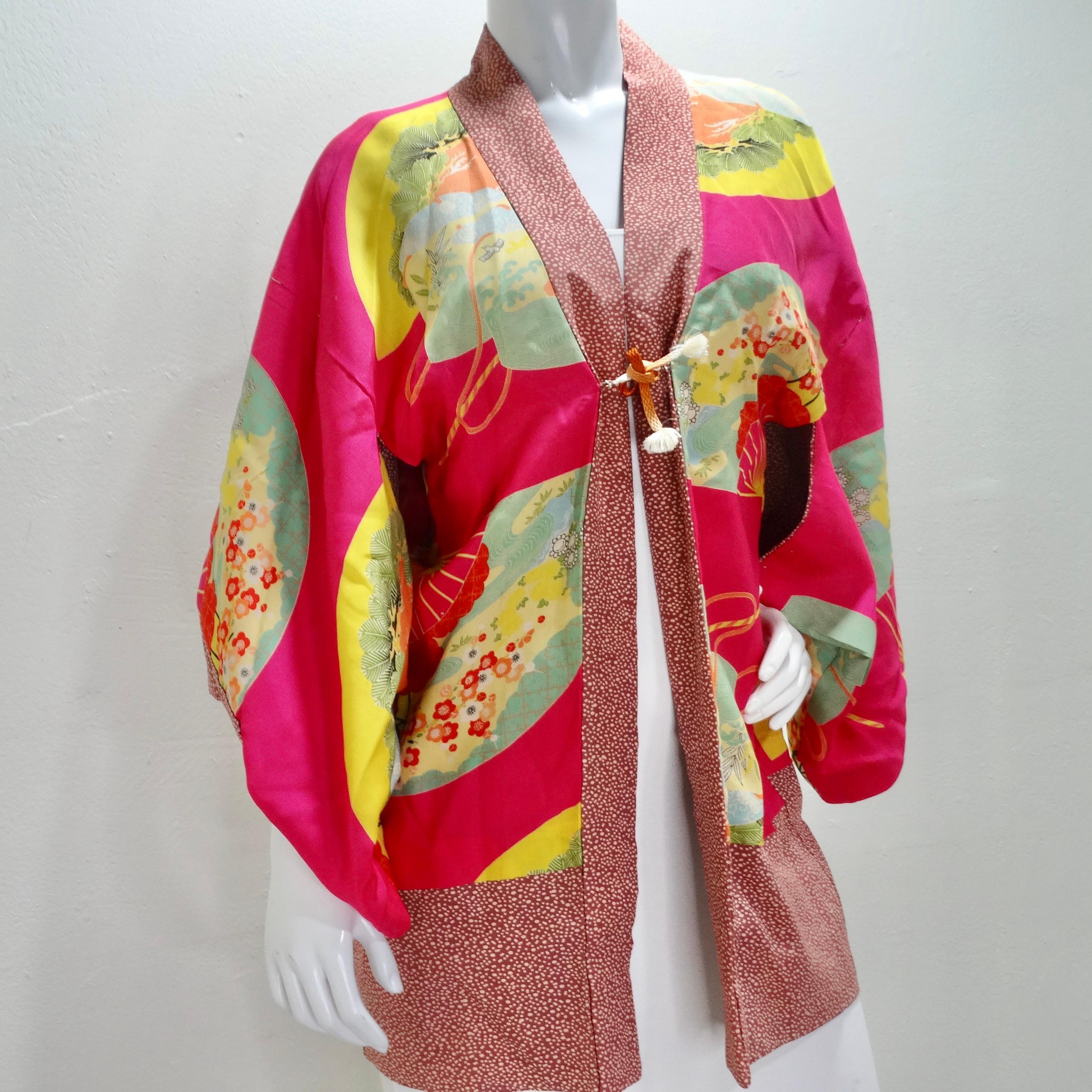 Pink 1940s Silk Multicolor Printed Kimono For Sale