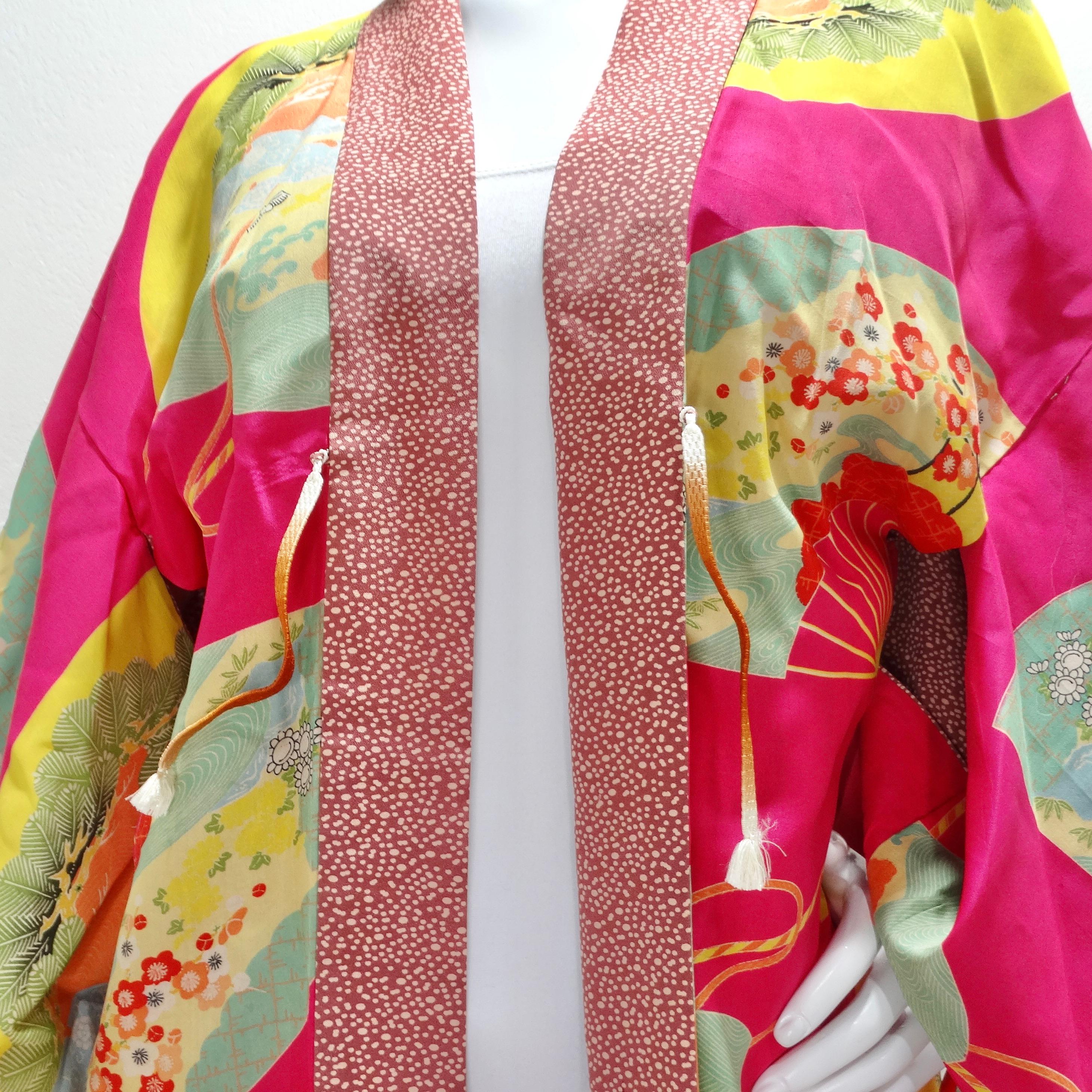 Women's or Men's 1940s Silk Multicolor Printed Kimono For Sale