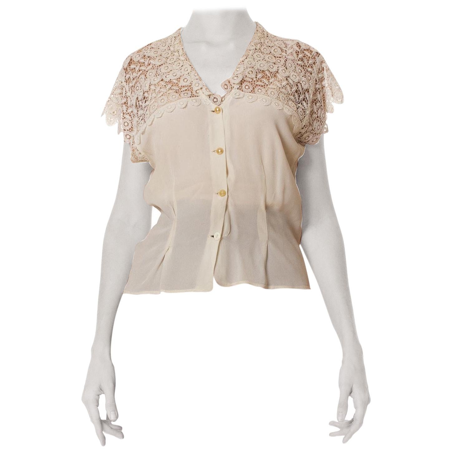 1940S  Off White Rayon & Lace As-Is Blouse
