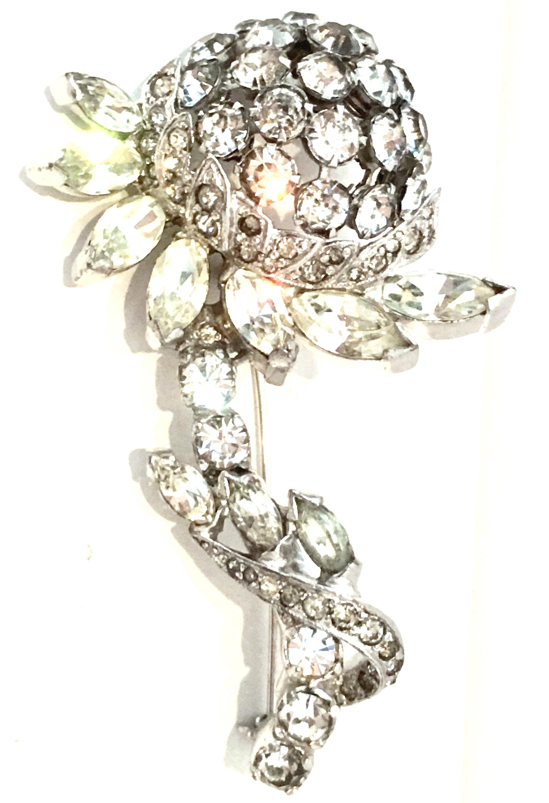 Art Nouveau 1940'S Silver & Austrian Crystal Dimensional Flower Brooch By, Eisenberg For Sale