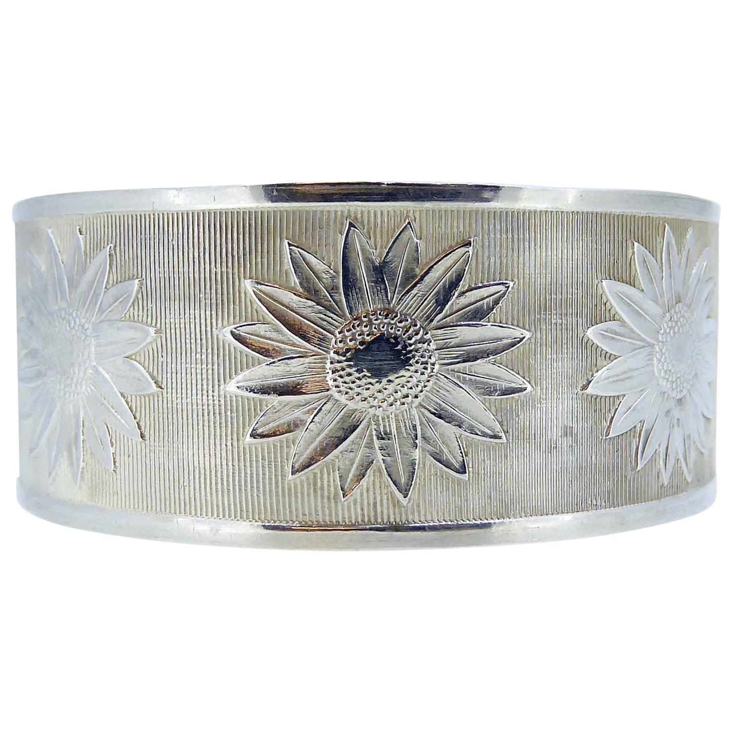 1940s Silver Buckle Bangle, Daisy Flower Pattern, Adjustable, Hallmarked Chester