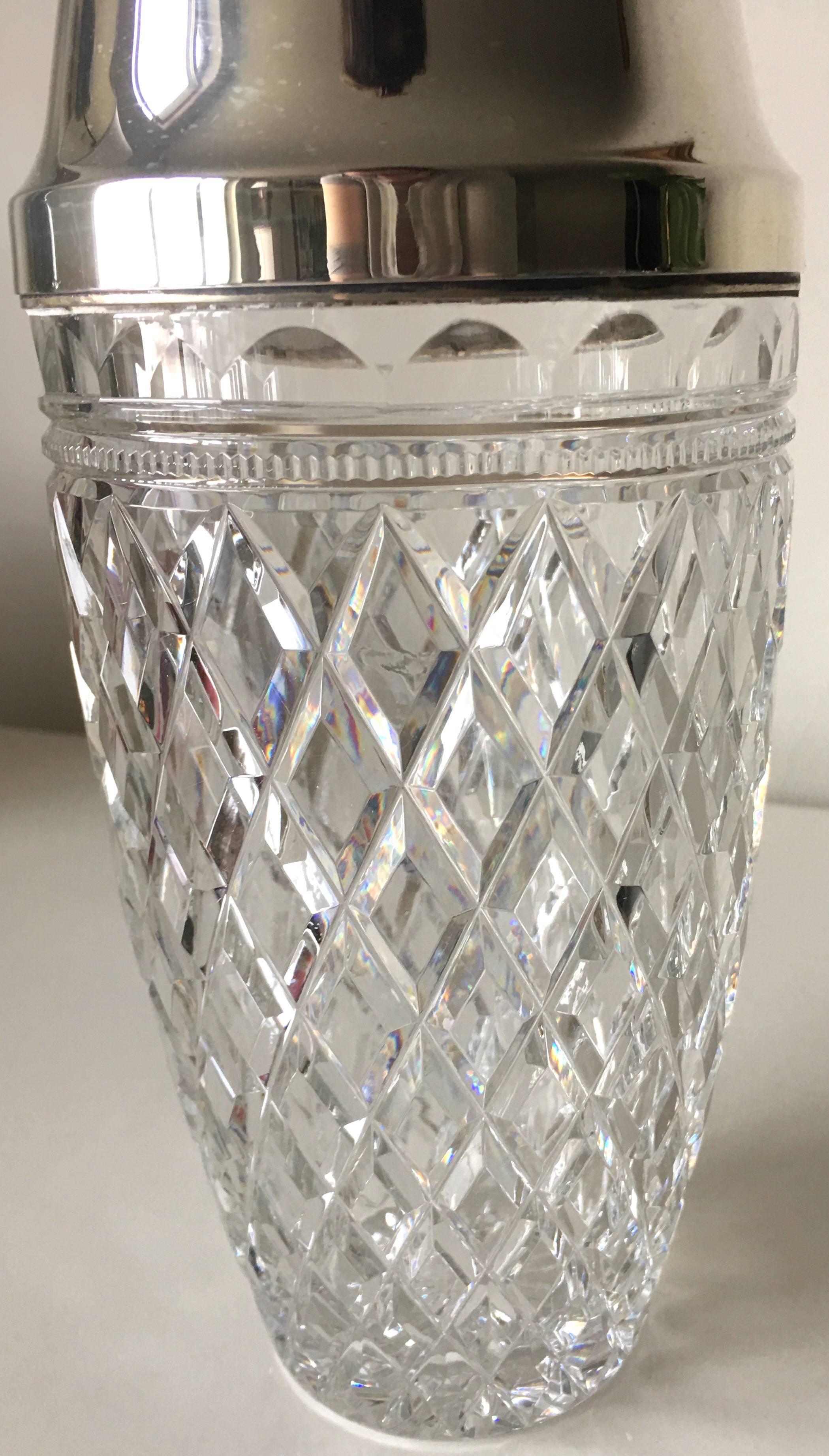 Hollywood Regency 1940s Silver Plate Cut Crystal Cocktail Shaker