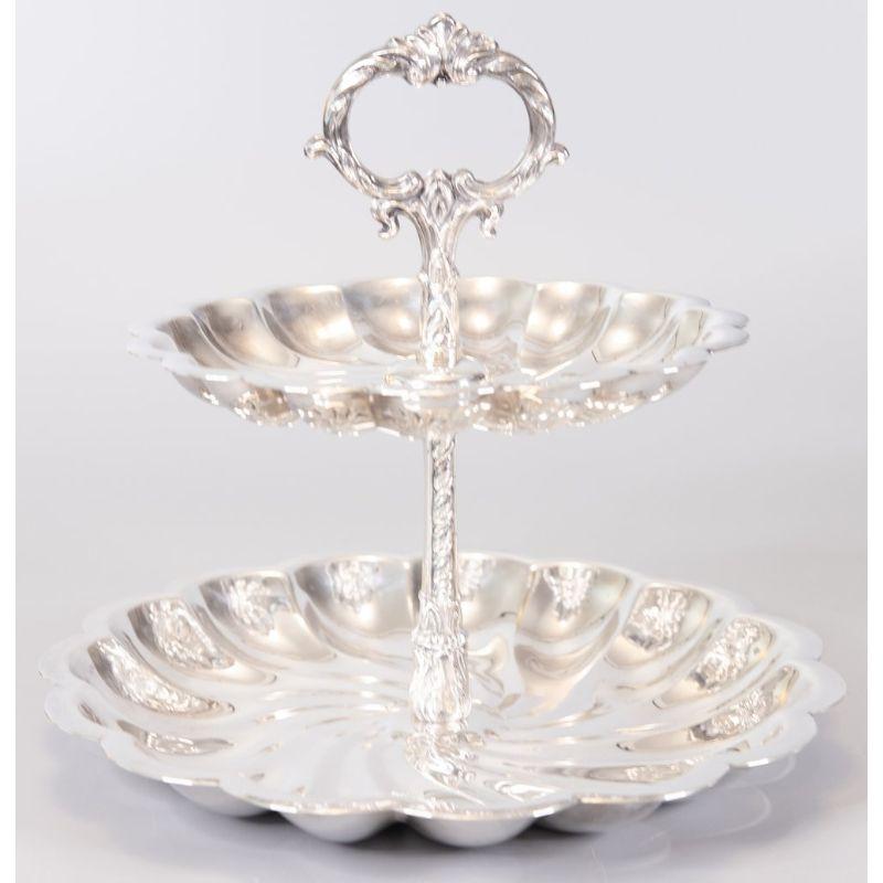 1940s Silver Plate Two Tier Tray Dessert Server In Good Condition In Pearland, TX