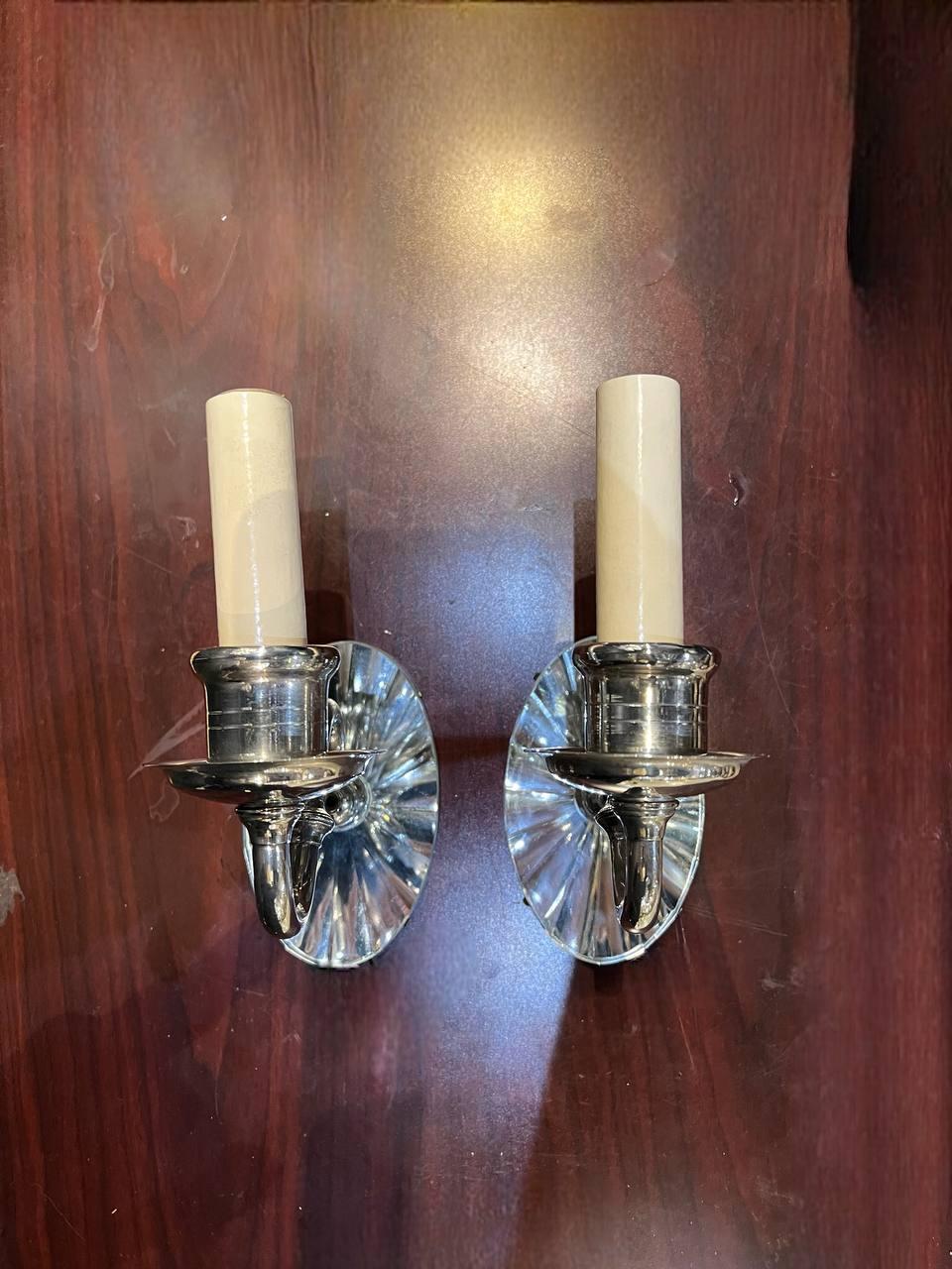 Etched 1940's Silver Plated One Light Mirror Sconces For Sale