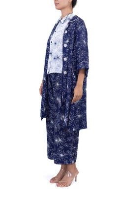 1940S Skylon Blue And White Cold Rayon Firework Print Pajamas