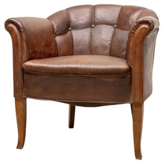 1940s Slim Jugendstil Swedish Club Chair Patinated Tan Brown Leather
