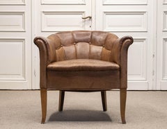 1940s Slim Jugendstil Swedish Club Chair Patinated Tan Brown Leather