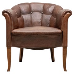 1940s Slim Jugendstil Swedish Club Chair Patinated Tan Brown Leather
