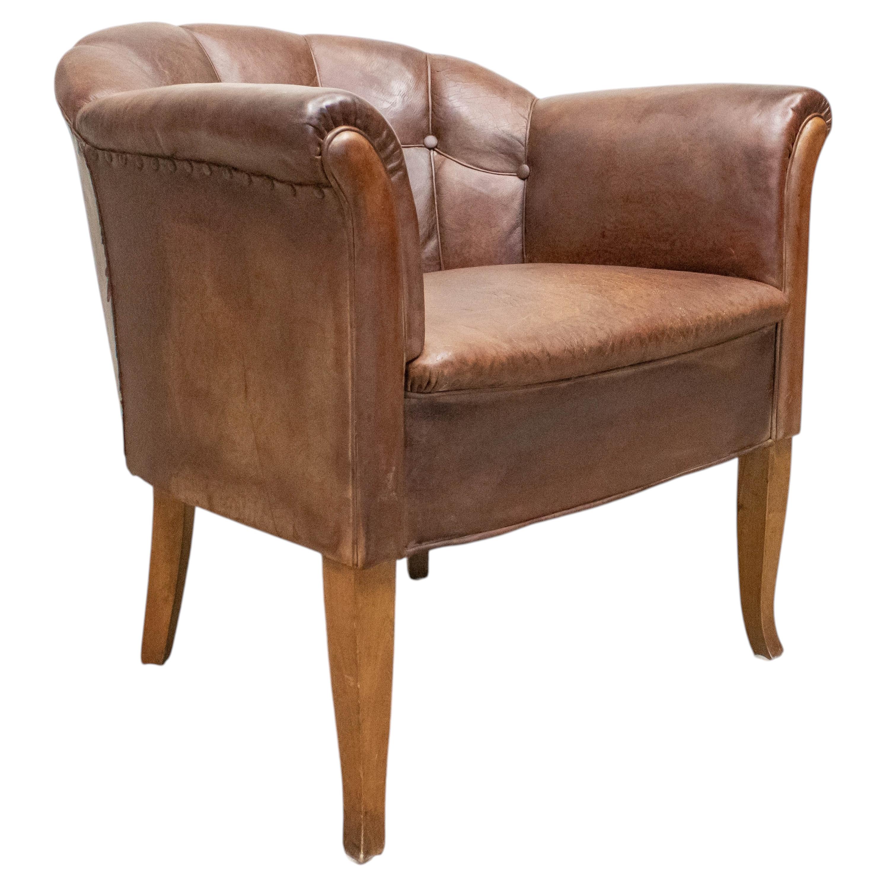 1940s Slim Jugendstil Swedish Club Chair Patinated Tan Brown Leather