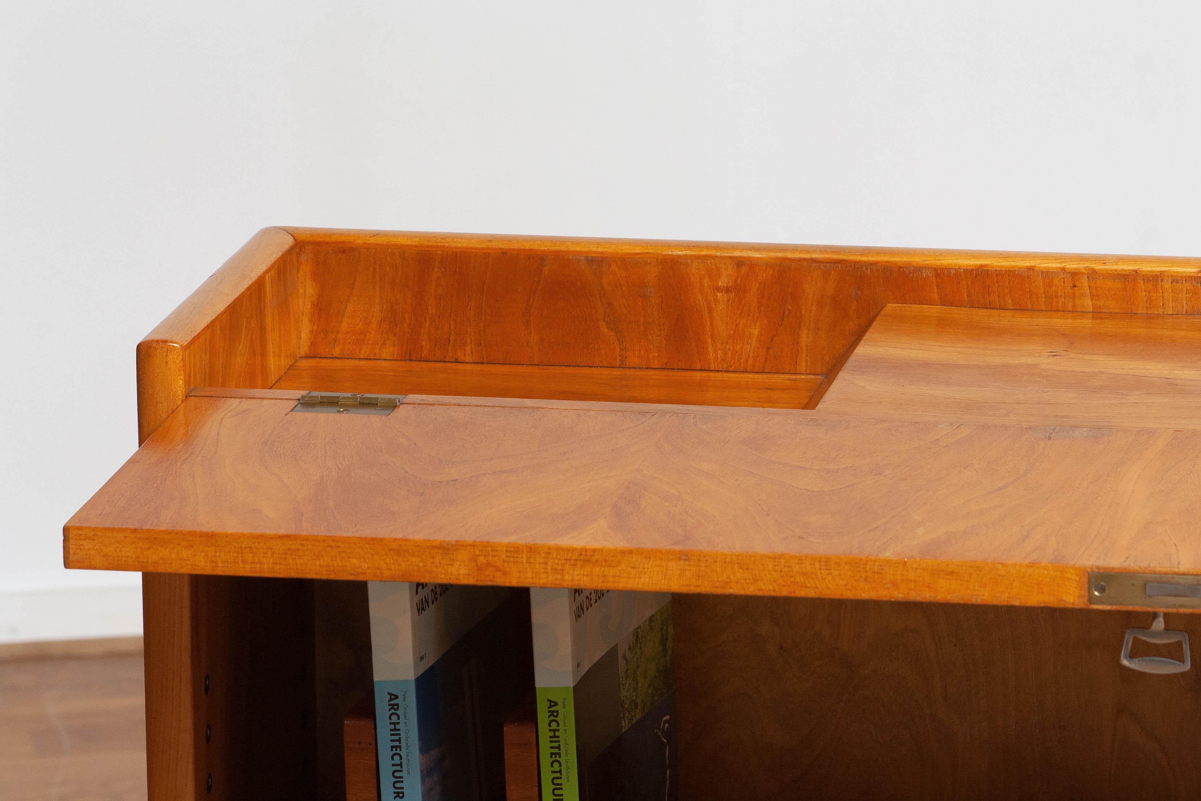 Mid-Century Modern 1940s Slim Oak Cabinet Sideboard Desk with Open Folding Writing Working Top