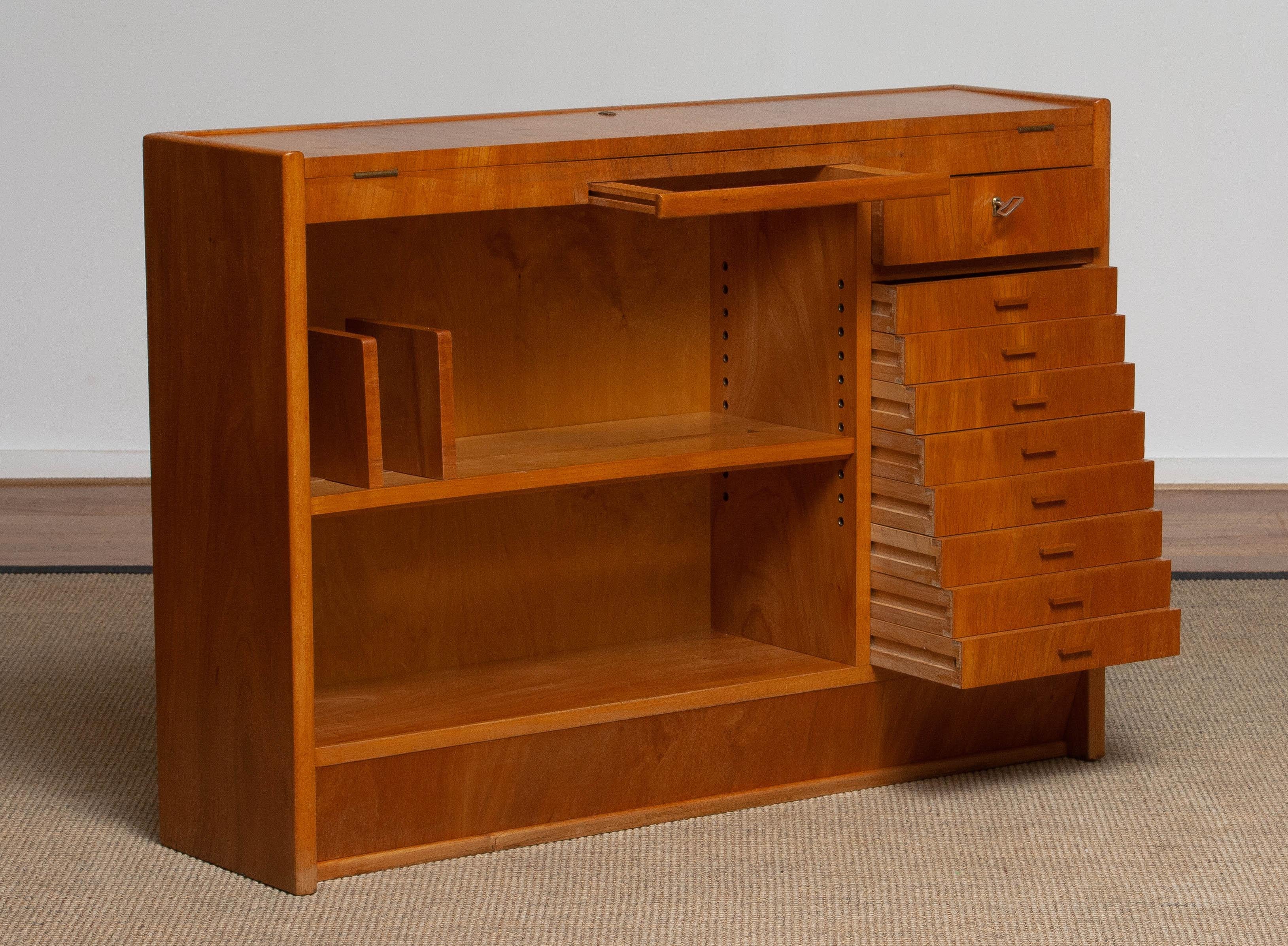 Swedish 1940s Slim Oak Cabinet Sideboard Desk with Open Folding Writing Working Top