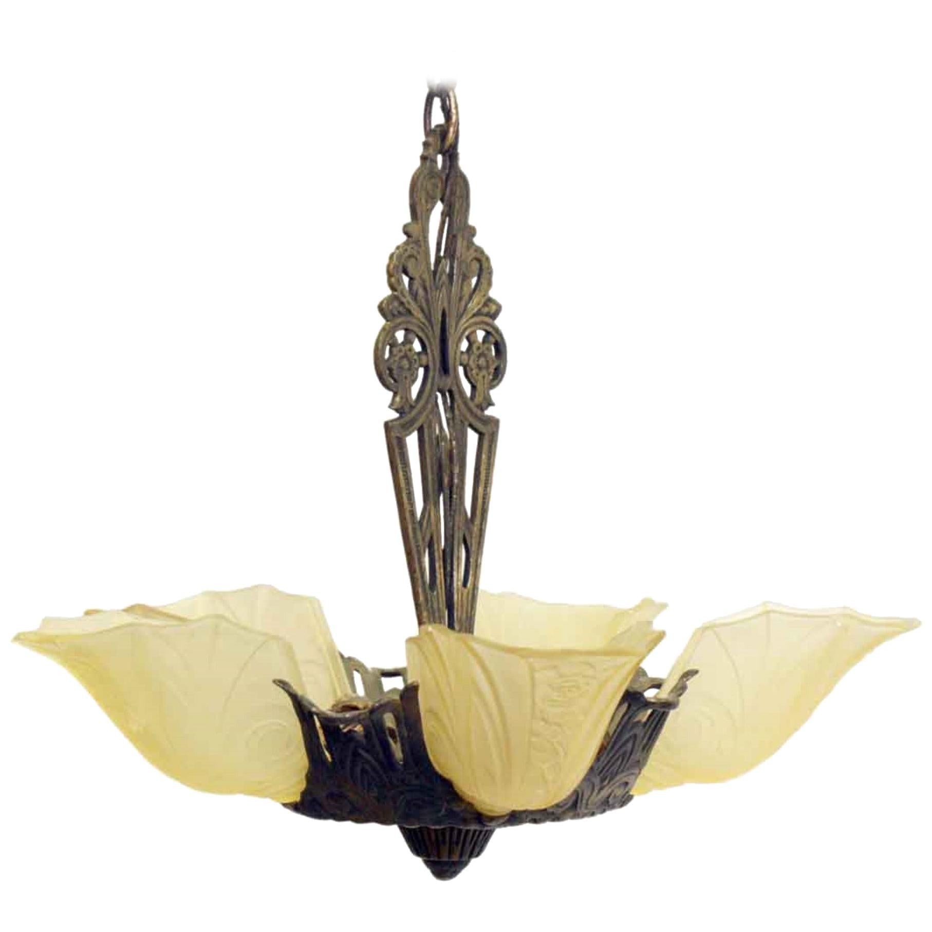 1940s Slip Shade Chandelier Art Deco Bronze and Glass with Five-Light