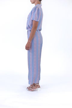 1940S SLUMBERJAM Blue & Pink Rayon Striped Floral Print Top And Bottom Pajamas