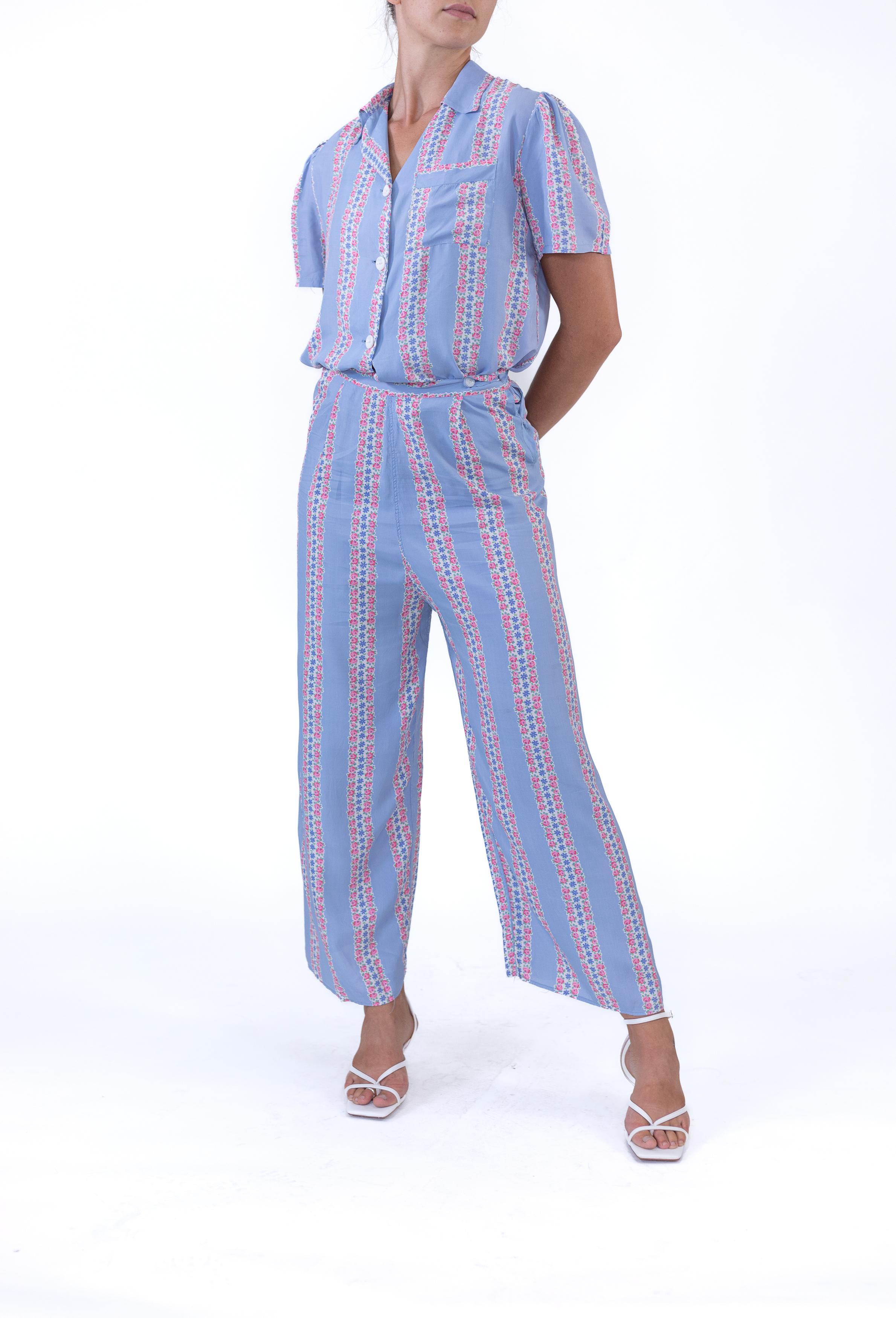 Women's 1940S SLUMBERJAM Blue & Pink Rayon Striped Floral Print Top And Bottom Pajamas For Sale