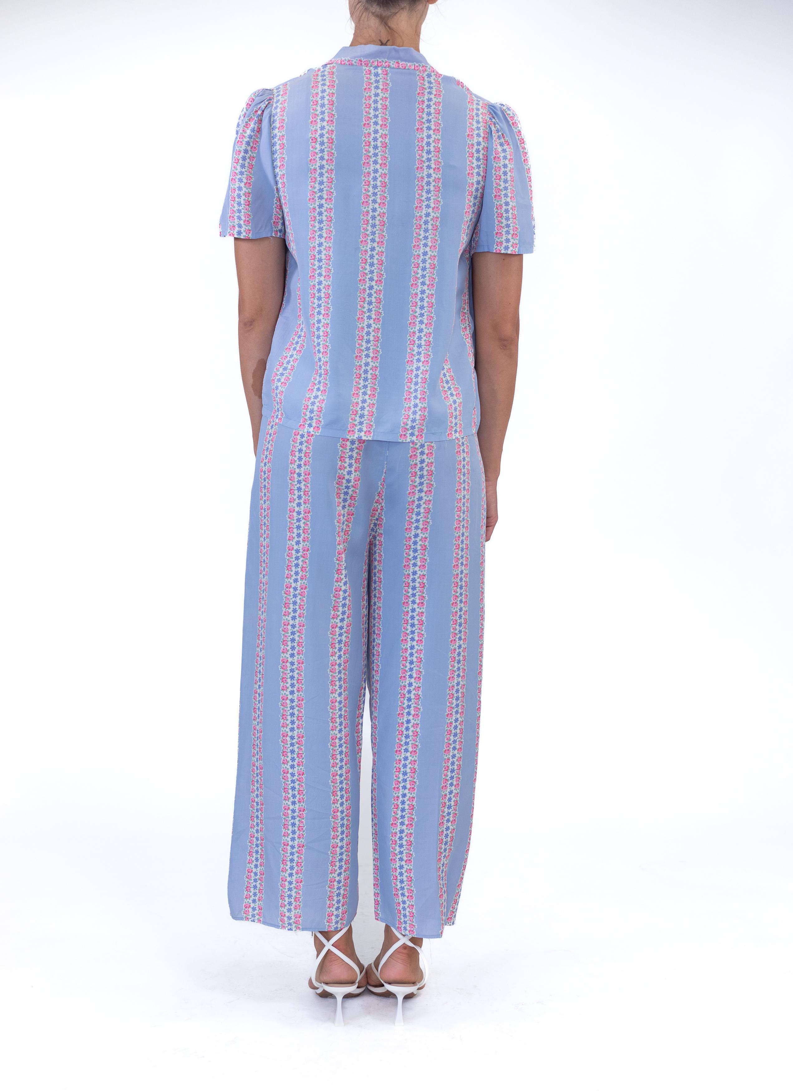1940S SLUMBERJAM Blue & Pink Rayon Striped Floral Print Top And Bottom Pajamas For Sale 1