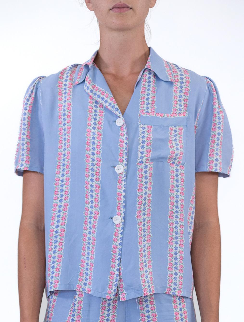 1940S SLUMBERJAM Blue & Pink Rayon Striped Floral Print Top And Bottom Pajamas For Sale 2