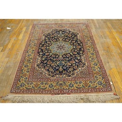 1940s Small Black Medallion Antique Isfahan Silk Foundation Handknotted Wool Rug