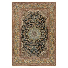 1940s Small Black Medallion Antique Isfahan Silk Foundation Handknotted Wool Rug