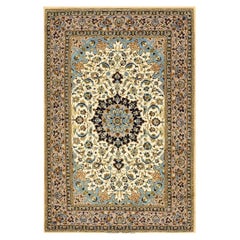 1940s Small Classic Blue Field Floral Medallion Vintage Isfahan Silk Carpet Rug