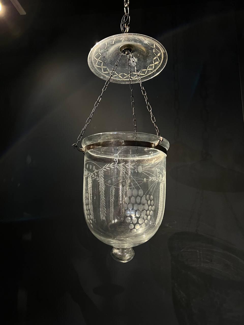 A circa 1940's small etched glass lantern with grape design 