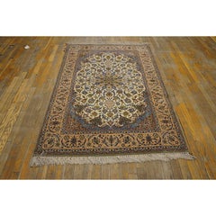 1940s Small Ivory Islimi Medallion Antique Isfahan Silk Handknotted Wool Rug