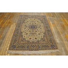 1940s Small Ivory Medallion Floral Mid Century Isfahan Handknotted Wool Rug